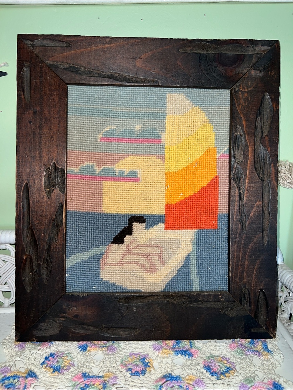Handmade Nautical Sailboat framed cross stitch art